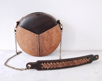 Leather and fish leather round crossbody bag with braided shoulder strap for women - circle shoulder bag - evening purse bag -