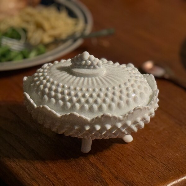 Vintage Fenton Hobnail Covered Candy Milk Glass Dish