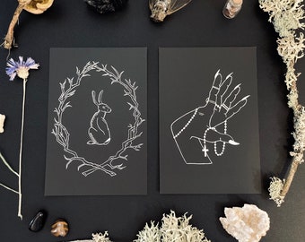 WITCHY POSTCARD DUO, postcards, hare art, goth art, occult art