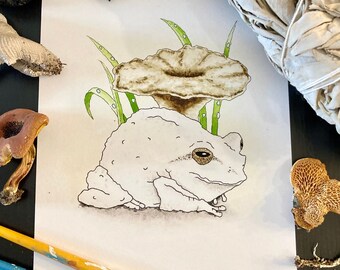 WHITE TREE FROG, giclee print, watercolor print, goblincore, goblincore art, illustration art, mushroom art, cottagecore, cottagecore art