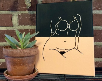 NUDE EMBROIDERED CANVAS, canvas art, body positivity, feminist art, Christmas gift for her, minimalist art, gifts for her, lesbian decor