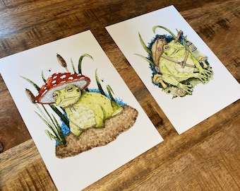 TOAD ADVENTURE DUO, fantasy art, watercolor prints, goblincore, cottagecore