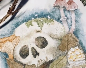 SKULL PRINT, mushroom art, skull art, horror art, art gift
