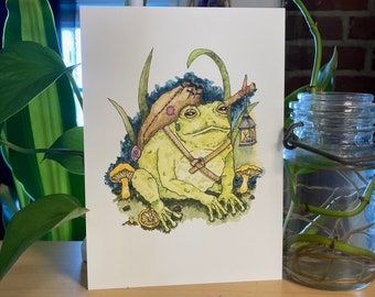TRAVELING TOAD PRINT, watercolor print, toad art, goblincore, cottagecore, fantasy art