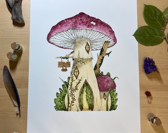APOTHECARY SHOPPE PRINT, mushroom house, fairy house, goblincore, cottagecore, gifts for her