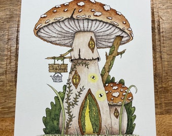 MUSHROOM TEA SHOP, mushroom house, watercolor print, goblincore, cottagecore, gifts for her