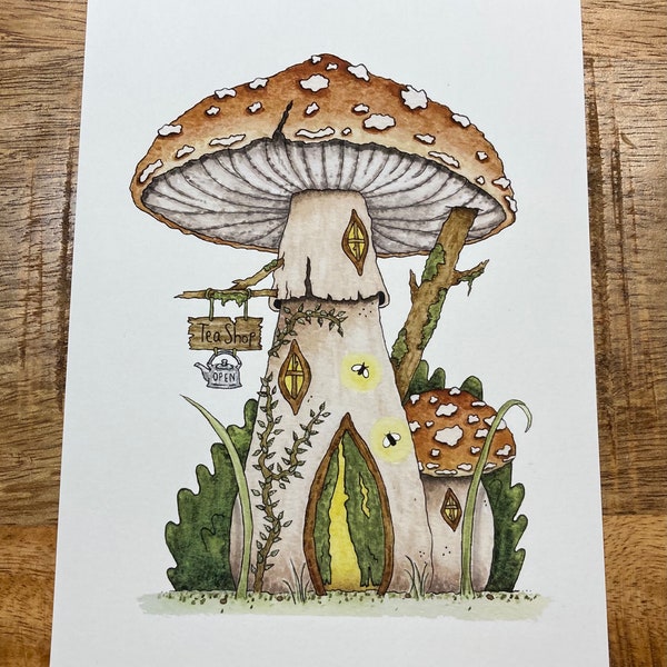 TIENDA DE TÉ DE HONGOS, casa de hongos, impresión de acuarela, goblincore, cottagecore, regalos para ella