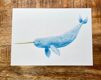 NARWHAL PRINT, watercolor print, narwhal art, nautical art, nautical decor, gifts for mom