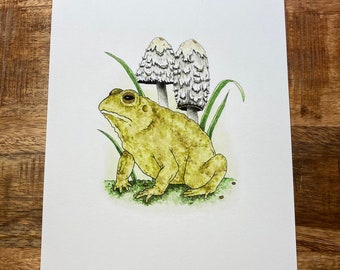 CANE TOAD, watercolor print, illustrative art, toad art, mushrooms, mushroom art, goblincore, cottagecore