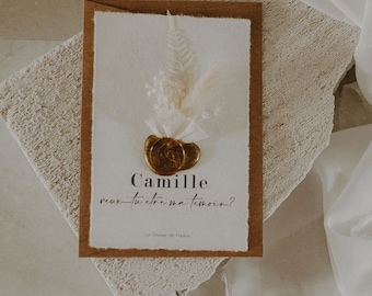 carte fleurie "veux tu être ma témoin?" demande en témoin mariage fleurs séchées et cachet de cire