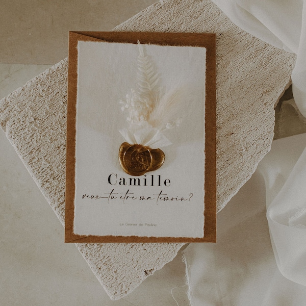 carte fleurie "veux tu être ma témoin?" demande en témoin mariage fleurs séchées et cachet de cire