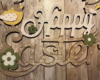 Happy Easter wooden hanging sign / pastel easter sign / easter plaque / easter wooden plaque / easter decorations/ easter wreath decorations