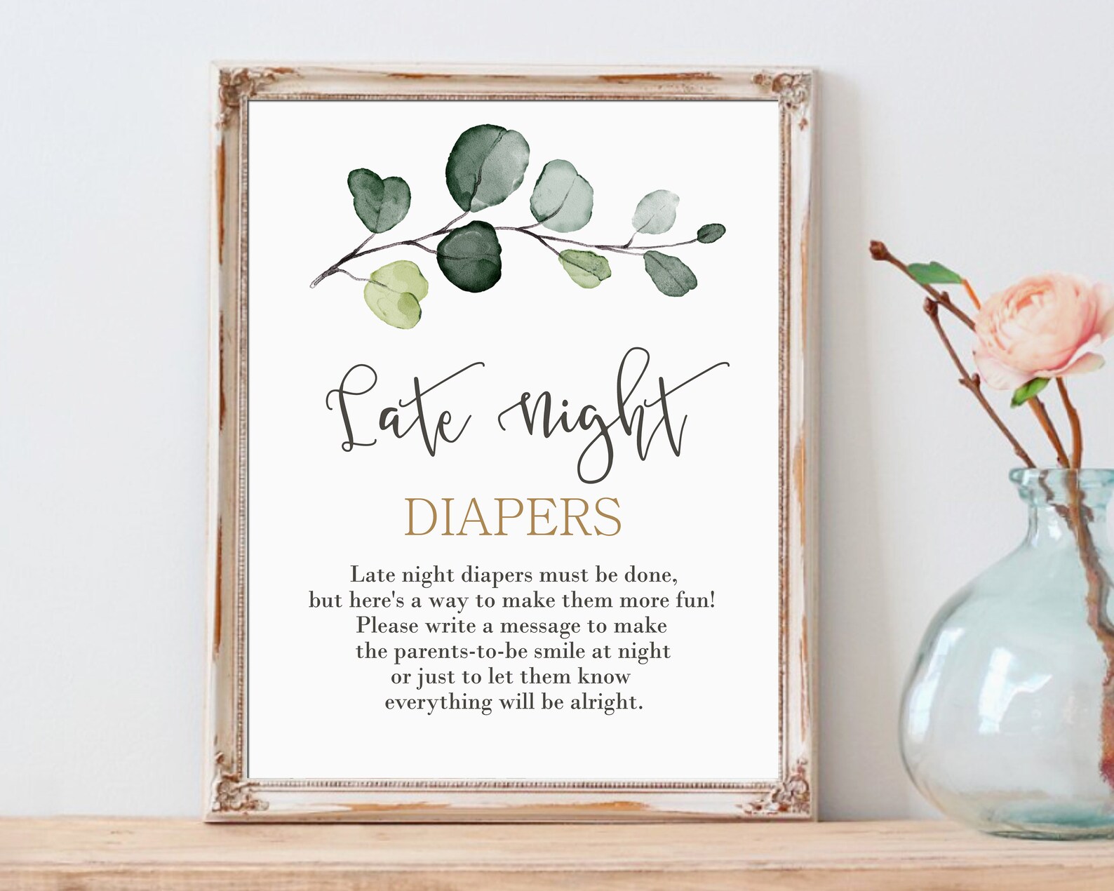Late Night Diapers Baby Shower Game Sign Greenery Baby Shower Etsy