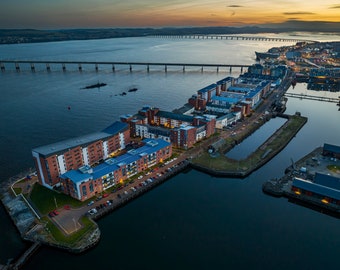 Dundee Scotland Sunset Photo Print, Waterfront City Quay Aerial View