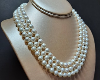 Stunning 3-Row freshwater cultured pearl necklace on gorgeous slide-in bar clasp