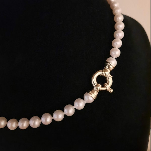Hermoso collar de perlas cultivadas de agua dulce de 7-7,5 mm solamente o juego de 3 piezas en 3 longitudes diferentes con cierre Shipswheel en 2 colores