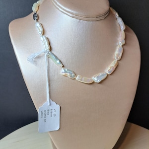 Unique long white biwa pearl 17&quot; necklace on silver or silver gilt safety clasp