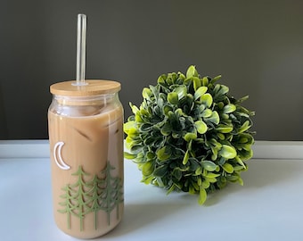 Nature Themed Drinking Glass, Nature Iced Coffee Glass Jar, Glass Can Cup with Lid and Straw, Gifts for Women