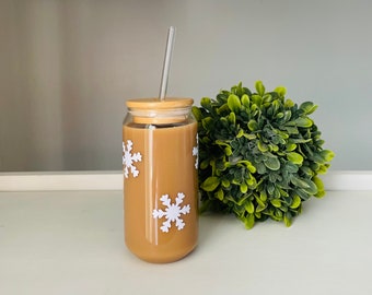 Sneeuwvlok drinkglas, winter thema ijskoffie glazen pot, glazen kan beker met deksel en rietje, cadeaus voor vrouwen, winter glazen beker