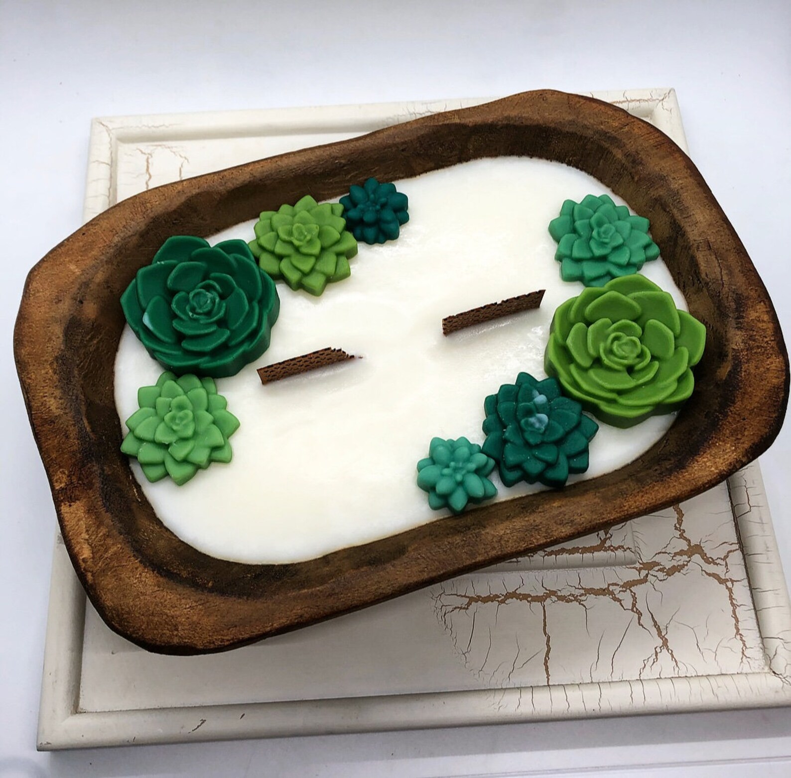 Succulent/flower Dough Bowl Candle With Crackling Wooden Etsy