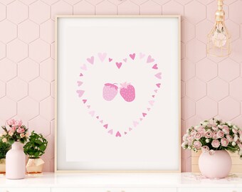 Strawberry Hearts Digital Print | Pink Food Illustration Digital Print | Valentine's Day Print | Heart Print