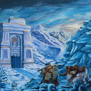 Puede incluir: Pintura al óleo de un paisaje montañoso nevado con una fortaleza y un guerrero. La fortaleza es blanca con detalles dorados. Un guerrero con armadura está de pie cerca de una bestia de carga peluda. El cielo es una mezcla de azul y naranja.