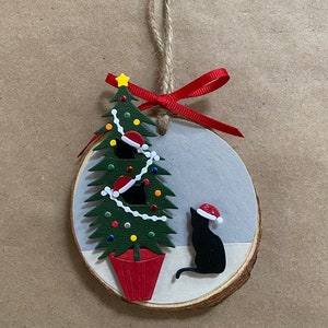 Wood Slice Ornament - Cat with Tree 1 by Doodads by Diana