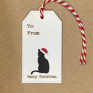 Set of 5 - Cat with Santa Hat “Meowy Christmas” Die Cut Gift Tags by Doodads by Diana