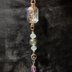 Mixed Media Brass Wire Wrapped Ornament/Suncatcher Featuring Rainbow Prism Crystals and A Peace Sign Charm with Gift Box.