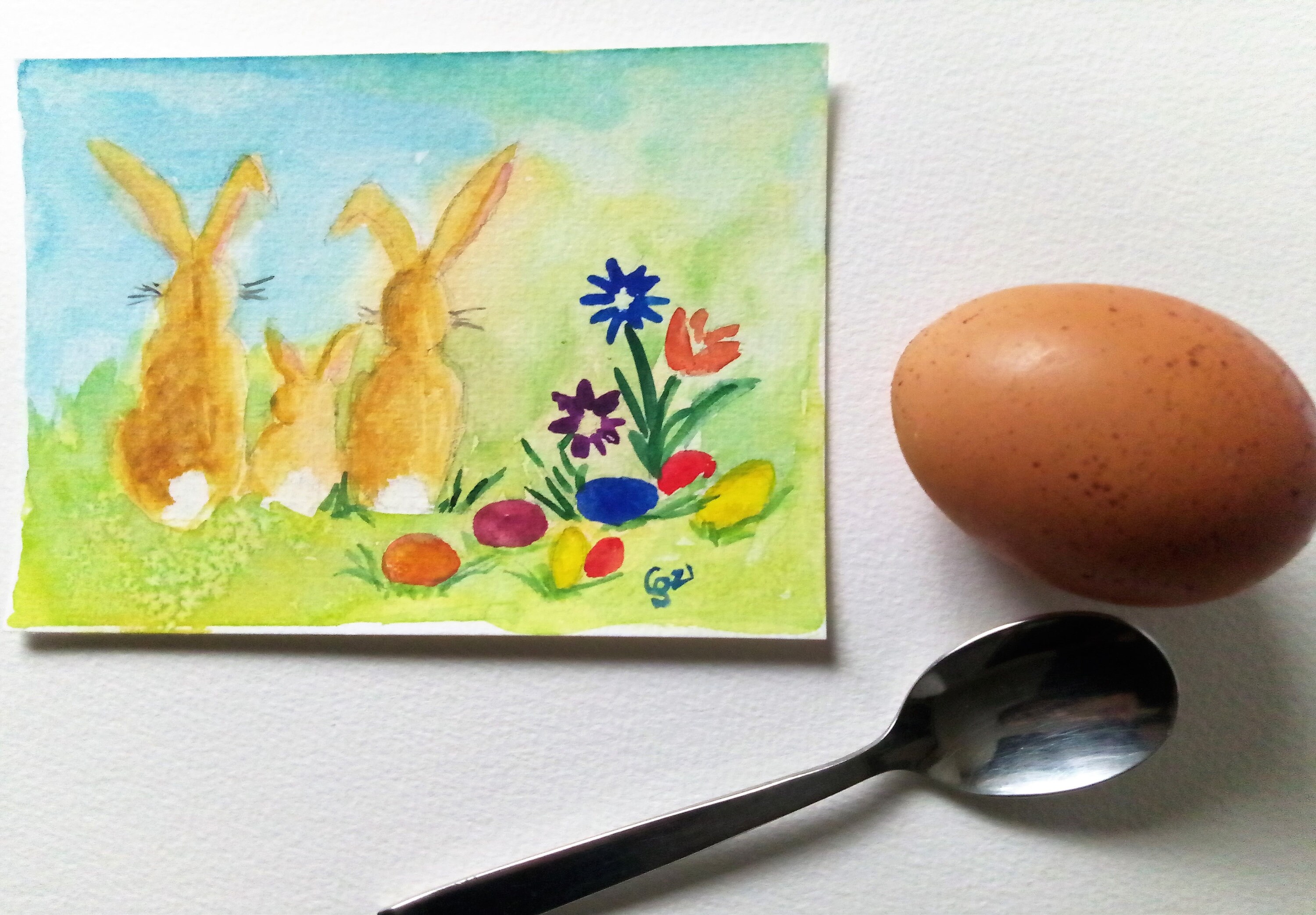 Aquarell Postkarte Ostern Hasenfamilie mit Blumen und bunten | Etsy