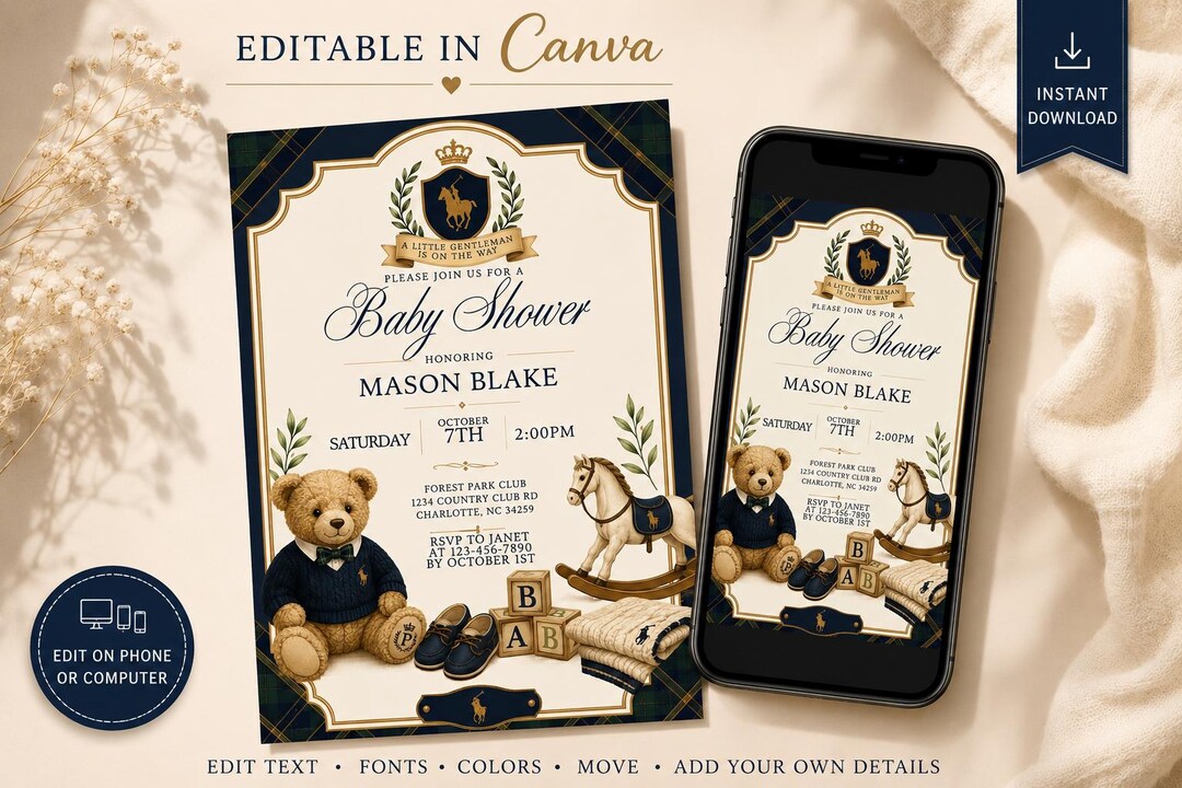 Editable Polo Teddy Bear Baby Shower Invitation Template | Canva ...