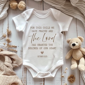 Christian Pregnancy Announcement Onesie – For This Child We Prayed, Bible Verse Baby Reveal, God’s Gift Reveal Outfit