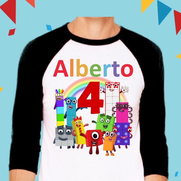 Personalized NumberBlocks T-shirt, numberblocks birthday shirt, 1-10 numberblocks unisex kids color sleeve raglan Name and Age Theme shirt