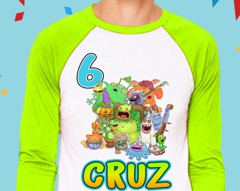 T-shirt d'anniversaire Gamer Sing Monsters, chant raglan, manches courtes 3/4, personnalisé anniversaire enfants unisexe Mon monstre - nom et âge