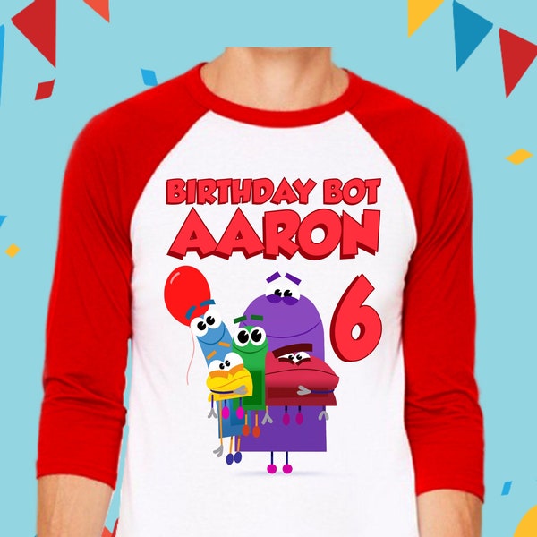 StoryBots Camiseta de cumpleaños Tema de fiesta para niños - Pregunte al - Nombre personalizado y edad Netflix Matching Story Bots Unisex Raglan regalo