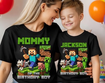 T-shirt d'anniversaire Mine C personnalisé : soirée à thème Mine Game, cadeau pour enfants