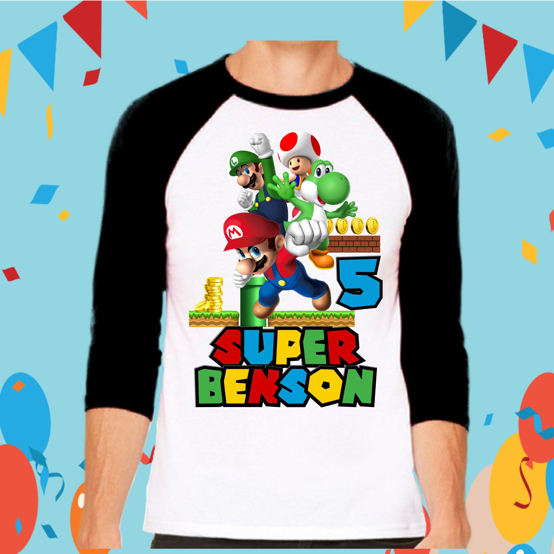 Discover Gaming Super Mario Birthday Custom Gift Party Baseball Tee