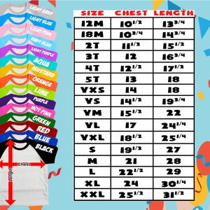 May include: A size chart for baseball-style t-shirts featuring a column for size, chest width, and length in inches. A vertical list of shirts in various colors including light grey, blue, pink, purple, aqua, mustard, orange, lime, and black.
