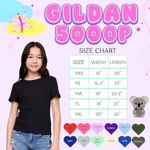 May include: A Gildan 5000P size chart featuring a table with sizes YXS to YXL, listing widths from 16 to 20 inches and lengths from 20 to 26 inches. The graphic includes a koala illustration and color swatches labeled red, pink, lavender, purple, blue, green, navy, grey, cream, and charcoal.