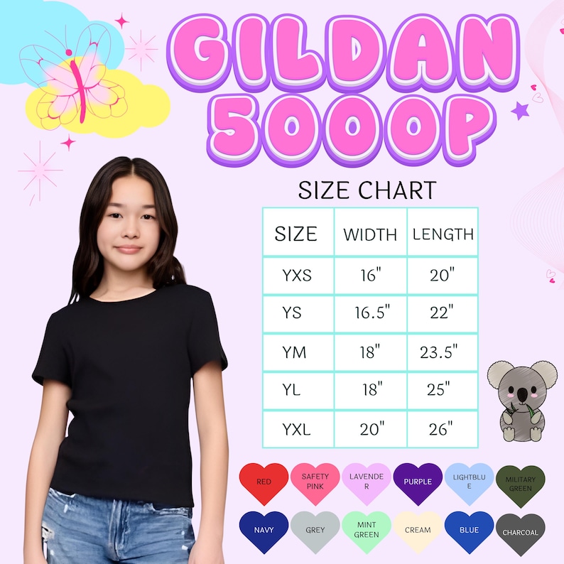 May include: A Gildan 5000P size chart featuring a table with sizes YXS to YXL, listing widths from 16 to 20 inches and lengths from 20 to 26 inches. The graphic includes a koala illustration and color swatches labeled red, pink, lavender, purple, blue, green, navy, grey, cream, and charcoal.