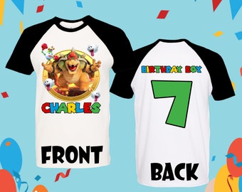 Bowser Birthday shirt Mario Birthday Bowser theme shirt Raglan short, 3/4, long sleeve Personalized mario shirt custom gift