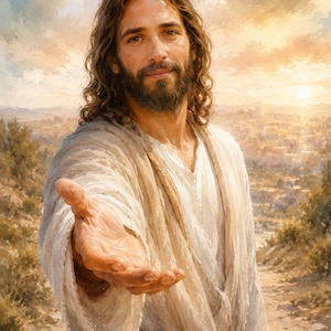 Puede incluir: Una pintura de una figura con cabello largo castaño y barba, vistiendo una túnica blanca texturizada. La figura extiende una mano abierta. El fondo muestra un paisaje con un sendero, edificios distantes y un sol brillante en el cielo.