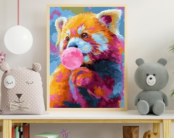 Panda colorido soprando chiclete - Arte pop para parede com animais - Impressão moderna e divertida para decoração de quarto infantil - Download digital instantâneo