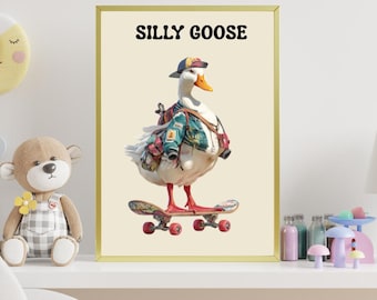 Ganso engraçado em um skate - Arte de parede divertida com animais para decoração de quarto infantil - Arte de ganso encantadora - Download digital instantâneo