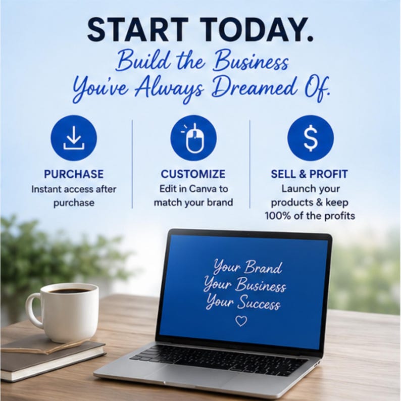 May include: Image promoting business startup with the text "START TODAY." It shows a laptop displaying "Your Brand, Your Business, Your Success." Icons illustrate the steps: Purchase, Customize, and Sell & Profit. A coffee cup and notebook are on the table.