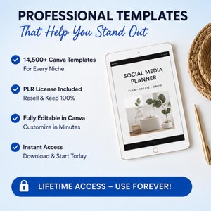 May include: A digital tablet shows a "Social Media Planner" template with a plant graphic. Text includes: "Professional Templates That Help You Stand Out," "14,500+ Canva Templates," "PLR License Included," "Fully Editable in Canva," and "Lifetime Access."