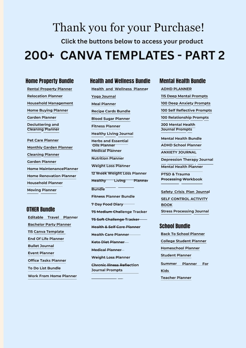 May include: A digital product image with a pale blue background and black text. The text reads "Thank you for your Purchase!" and "200+ CANVA TEMPLATES - PART 2". Various planner bundles are listed, including Home Property, Health and Wellness, and Mental Health.