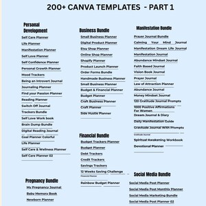 May include: Digital Canva templates for personal development, business, manifestation, financial, pregnancy, and social media. Includes planners, journals, and trackers. Part 1 of a collection with over 200 templates.