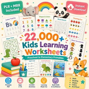 22000+ Kids Learning Worksheets Bundle, Preschool to Elementary Printables (PLR MRR)