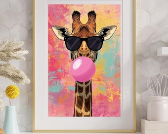 Girafa soprando chiclete - Arte Pop Art para Parede - Estampa Animal Moderna e Colorida - Download Digital Instantâneo